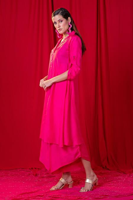 Shop_Enech_Pink Muslin, Modal Metallic Thread, Mirrors, Embellished Tunic And Palazzo Set _Online_at_Aza_Fashions