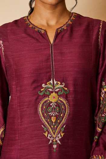 Sue Mue_Wine Tussar, Georgette, Silk Embroidery, Sequins Thread Work Kurta Salwar Set _Online_at_Aza_Fashions