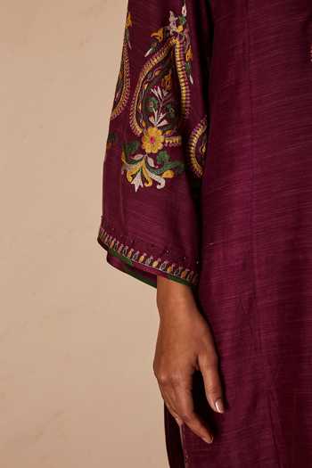Buy_Sue Mue_Wine Tussar, Georgette, Silk Embroidery, Sequins Thread Work Kurta Salwar Set _Online_at_Aza_Fashions