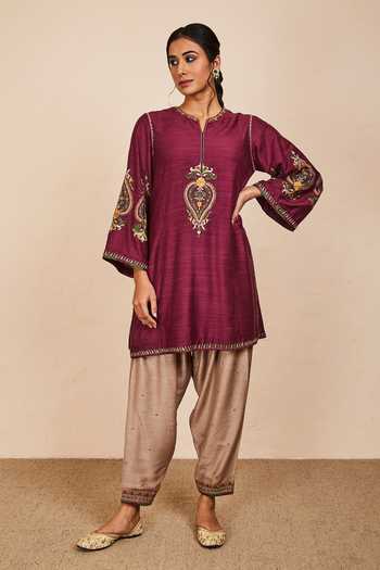 Shop_Sue Mue_Wine Tussar, Georgette, Silk Embroidery, Sequins Thread Work Kurta Salwar Set _Online_at_Aza_Fashions