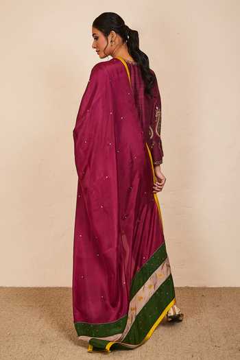 Sue Mue_Wine Tussar, Georgette, Silk Embroidery, Sequins Thread Work Kurta Salwar Set _at_Aza_Fashions