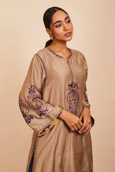 Buy_Sue Mue_Beige Tussar, Georgette, Silk Embroidery, Sequins Round Bhaumi Kurta Salwar Set _Online_at_Aza_Fashions