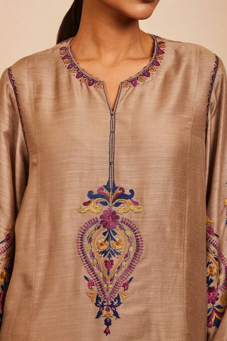 Shop_Sue Mue_Beige Tussar, Georgette, Silk Embroidery, Sequins Round Bhaumi Kurta Salwar Set _Online_at_Aza_Fashions