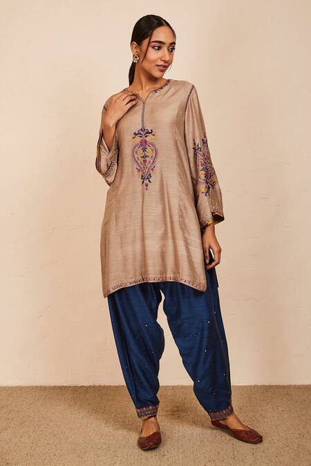 Sue Mue_Beige Tussar, Georgette, Silk Embroidery, Sequins Round Bhaumi Kurta Salwar Set _at_Aza_Fashions