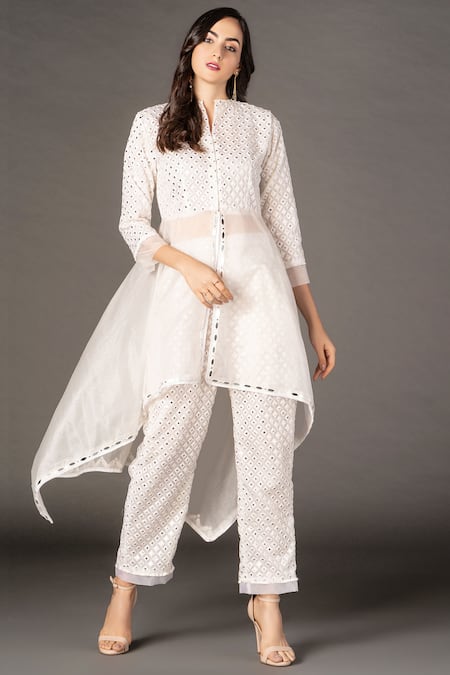 Twenty Nine White Organza Mirror Work Kurta