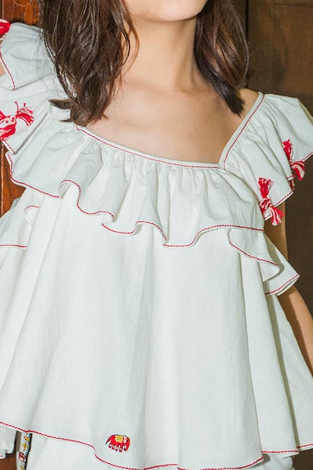 Buy Nikasha White Cotton Square Neck Embroidered Ruffle Top Online at Aza Fashions Buy_Nikasha_White Cotton Square Neck Embroidered Ruffle Top _Online_at_Aza_Fashions