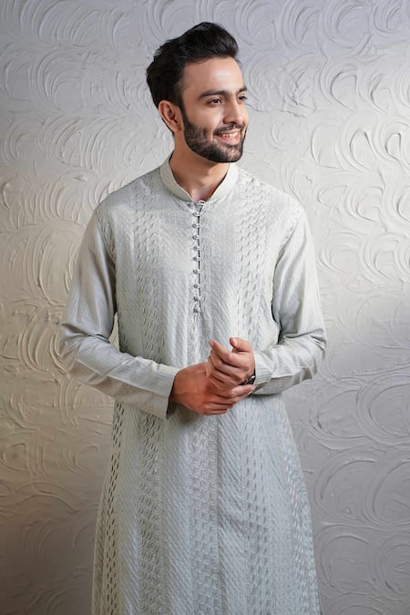 Soniya G_Grey Silk Pintuck Kurta Set _Online_at_Aza_Fashions