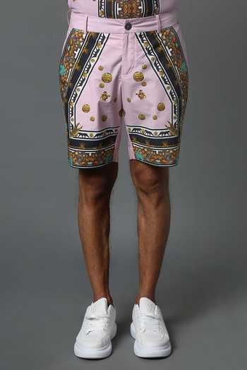 House Of Three_Pink Cotton Poplin Jewel Mural Hawaiian Shorts _Online_at_Aza_Fashions