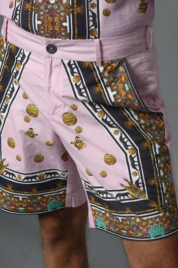 Shop_House Of Three_Pink Cotton Poplin Jewel Mural Hawaiian Shorts _Online_at_Aza_Fashions
