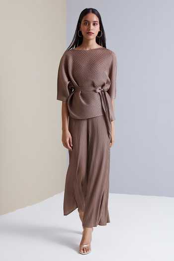 Buy Grey 100% Polyester Round Cora Pleated Top And Pant Set For Women by  Scarlet Sage Online at Aza Fashions.