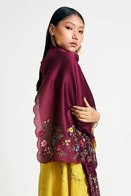 Buy_Payal Pratap_Maroon Embroidery Gazania Scarf _Online_at_Aza_Fashions