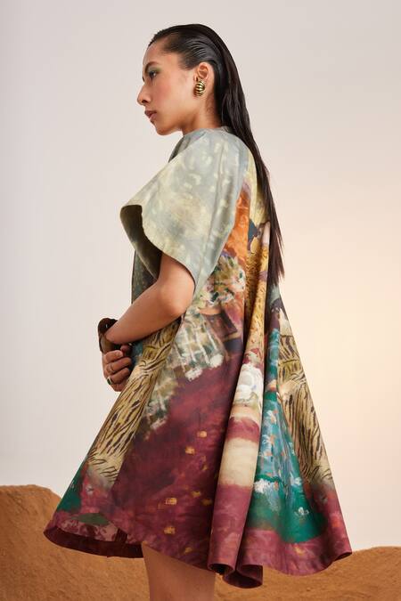 Cord_Blue Cotton Satin Mandarin Collar High Tea Print A-line Dress_at_Aza_Fashions