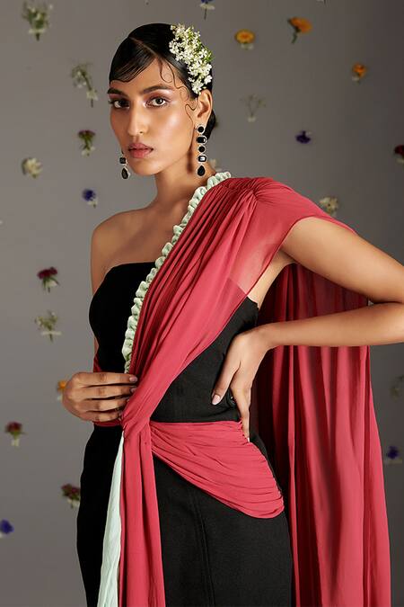 Buy Gauri Dhawan Pink Velvet, Chiffon, Georgette, Modal Iris Pre-draped Saree Gown Online at Aza Fashions Buy_Gauri Dhawan_Pink Velvet, Chiffon, Georgette, Modal Iris Pre-draped Saree Gown_Online_at_Aza_Fashions