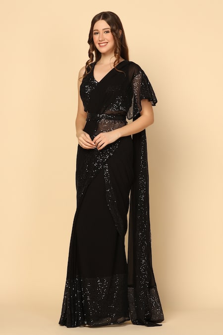 Two Sisters By Gyans_Black Georgette Sequins, Embroidery, Beads V-neck Pre-draped Saree With Blouse _at_Aza_Fashions