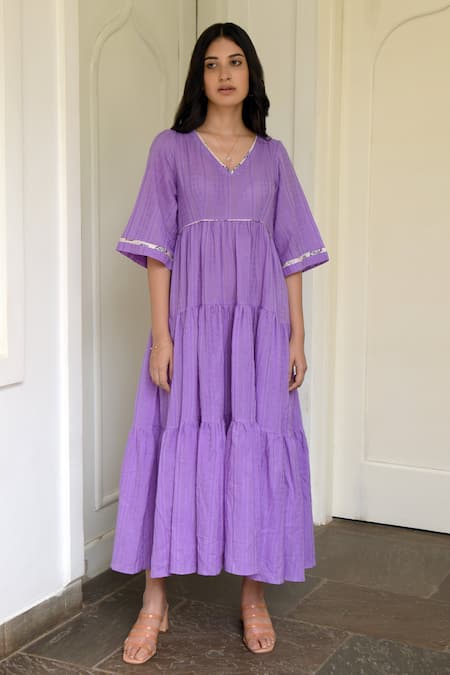 Taro Purple Handwoven Cotton V Neck Dress