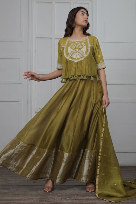 Buy_Myoho_Green Silk, Brocade Embroidery, Tassels Round Neck Yoke Top Lehenga Set _Online_at_Aza_Fashions