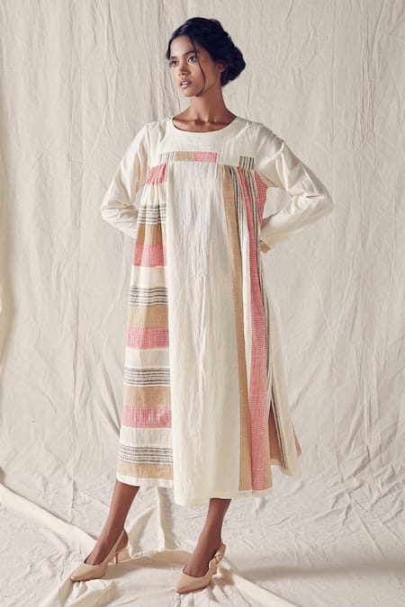 Ek Katha White Organic Cotton Printed Checks Round Neck Flared Dress  