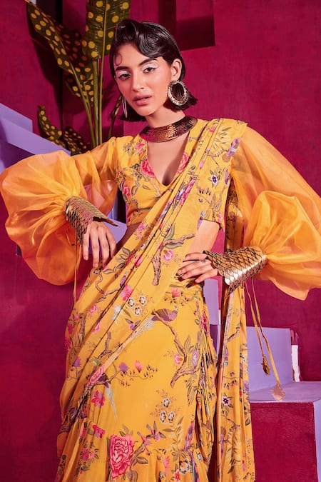 Limerick By Abirr N' Nanki_Yellow Georgette Floral Print, Beads And Bugle Harley Pre-draped Saree With Blouse_Online_at_Aza_Fashions