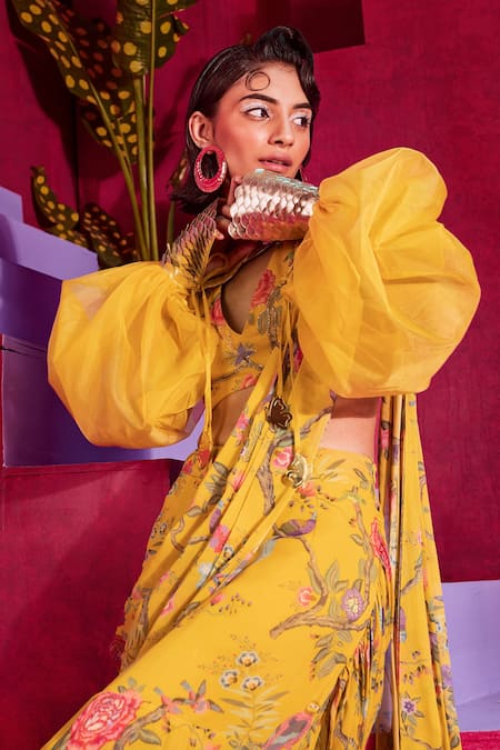 Buy_Limerick By Abirr N' Nanki_Yellow Georgette Floral Print, Beads And Bugle Harley Pre-draped Saree With Blouse_Online_at_Aza_Fashions