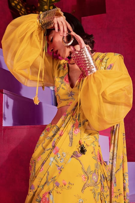 Shop_Limerick By Abirr N' Nanki_Yellow Georgette Floral Print, Beads And Bugle Harley Pre-draped Saree With Blouse_Online_at_Aza_Fashions