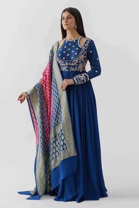 suruchi parakh Blue Tussar Silk Embroidered Floral Round Anarkali With Dupatta