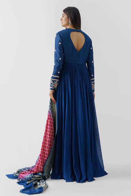 Shop Suruchi Parakh Blue Tussar Silk, Georgette Crepe Floral Round Embroidered Anarkali With Dupatta at Aza Fashions Shop_Suruchi Parakh_Blue Tussar Silk, Georgette Crepe Floral Round Embroidered Anarkali With Dupatta _at_Aza_Fashions