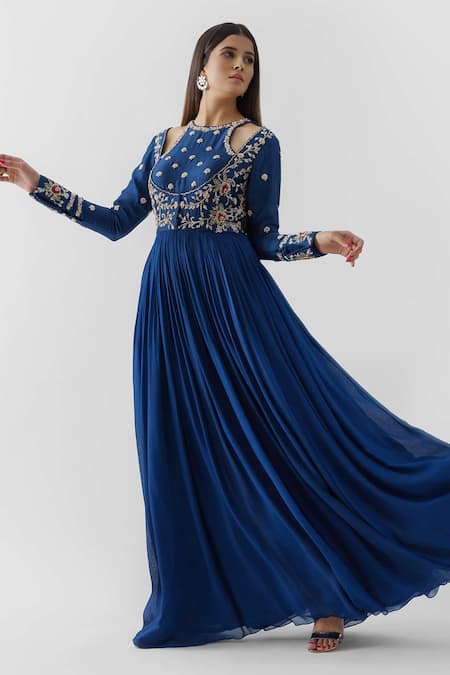 Suruchi Parakh Blue Tussar Silk, Georgette Crepe Floral Round Embroidered Anarkali With Dupatta Online at Aza Fashions Suruchi Parakh_Blue Tussar Silk, Georgette Crepe Floral Round Embroidered Anarkali With Dupatta _Online_at_Aza_Fashions