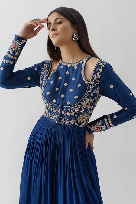 Buy Suruchi Parakh Blue Tussar Silk, Georgette Crepe Floral Round Embroidered Anarkali With Dupatta Online at Aza Fashions Buy_Suruchi Parakh_Blue Tussar Silk, Georgette Crepe Floral Round Embroidered Anarkali With Dupatta _Online_at_Aza_Fashions