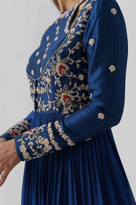 Shop Suruchi Parakh Blue Tussar Silk, Georgette Crepe Floral Round Embroidered Anarkali With Dupatta Online at Aza Fashions Shop_Suruchi Parakh_Blue Tussar Silk, Georgette Crepe Floral Round Embroidered Anarkali With Dupatta _Online_at_Aza_Fashions