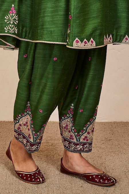 Buy_Sue Mue_Green Tussar, Georgette, Silk Patchwork, Zari, Chetal Anarkali Salwar Set _Online_at_Aza_Fashions