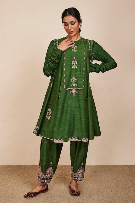 Shop_Sue Mue_Green Tussar, Georgette, Silk Patchwork, Zari, Chetal Anarkali Salwar Set _Online_at_Aza_Fashions