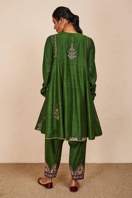 Sue Mue_Green Tussar, Georgette, Silk Patchwork, Zari, Chetal Anarkali Salwar Set _at_Aza_Fashions