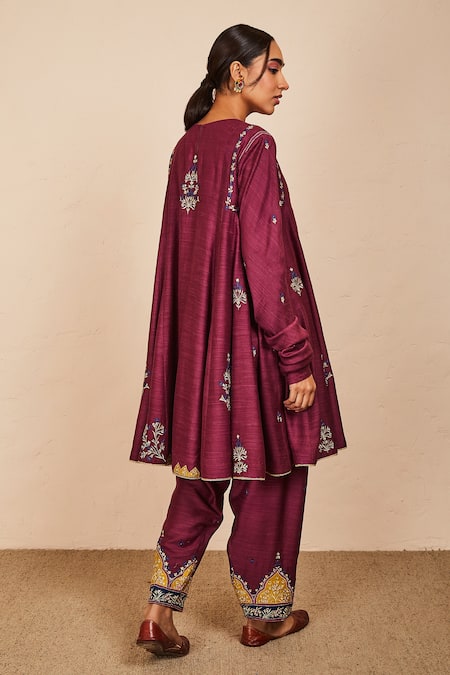 Sue Mue_Wine Tussar, Georgette, Silk Embroidery, Zari Short Anarkali Salwar Set _Online_at_Aza_Fashions