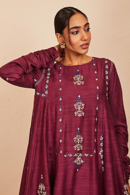 Buy_Sue Mue_Wine Tussar, Georgette, Silk Embroidery, Zari Short Anarkali Salwar Set _Online_at_Aza_Fashions