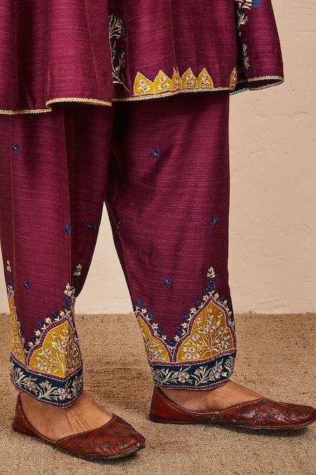 Shop_Sue Mue_Wine Tussar, Georgette, Silk Embroidery, Zari Short Anarkali Salwar Set _Online_at_Aza_Fashions