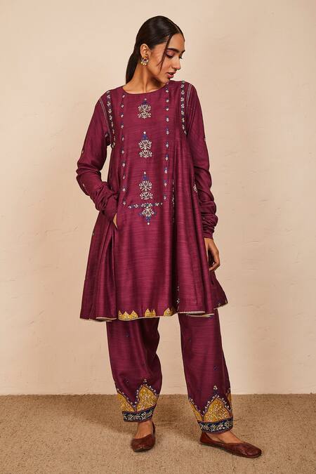 Sue Mue_Wine Tussar, Georgette, Silk Embroidery, Zari Short Anarkali Salwar Set _at_Aza_Fashions