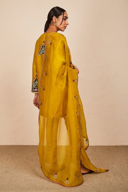 Shop Sue Mue Yellow Silk, Chiffon Embroidery, Patchwork Raw Zari And Thread Kurta Pant Set Online at Aza Fashions Shop_Sue Mue_Yellow Silk, Chiffon Embroidery, Patchwork Raw Zari And Thread Kurta Pant Set _Online_at_Aza_Fashions