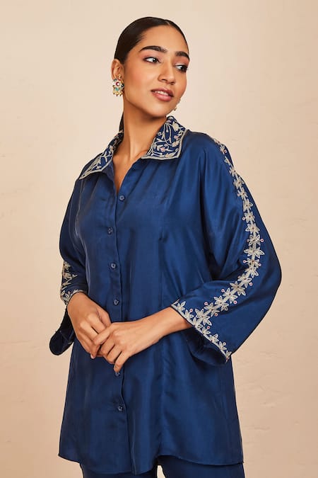 Sue Mue_Blue Silk Zari Collared Embroidered Shirt And Pant Set _Online_at_Aza_Fashions
