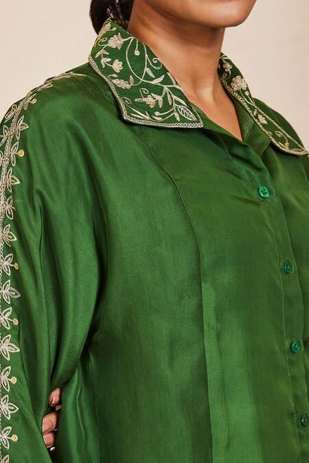 Buy_Sue Mue_Green Silk Zari, Embroidery Collared Tejal Shirt And Pant Set _Online_at_Aza_Fashions