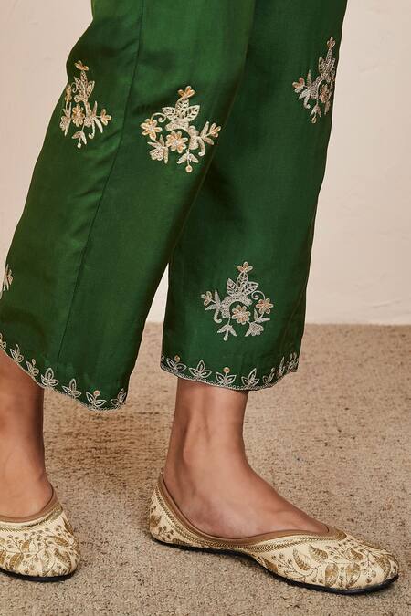 Shop_Sue Mue_Green Silk Zari, Embroidery Collared Tejal Shirt And Pant Set _Online_at_Aza_Fashions