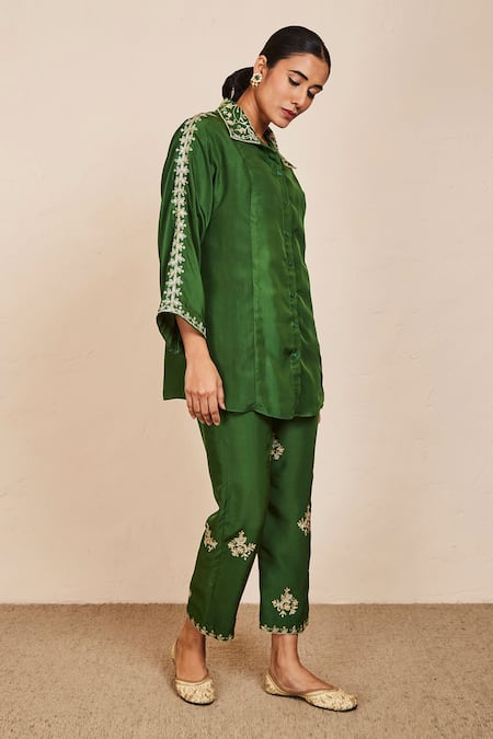Sue Mue_Green Silk Zari, Embroidery Collared Tejal Shirt And Pant Set _at_Aza_Fashions