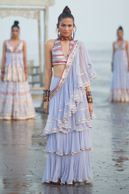 Shop_Gopi Vaid_Purple Georgette And Chiffon Stripes & Idris Pre-draped Ruffle Saree With Blouse_at_Aza_Fashions