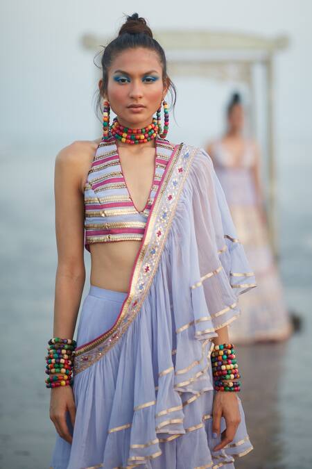 Gopi Vaid_Purple Georgette And Chiffon Stripes & Idris Pre-draped Ruffle Saree With Blouse_Online_at_Aza_Fashions