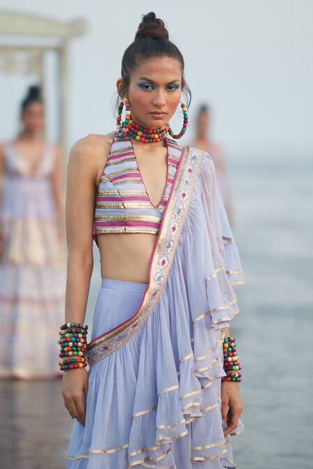 Buy_Gopi Vaid_Purple Georgette And Chiffon Stripes & Idris Pre-draped Ruffle Saree With Blouse_Online_at_Aza_Fashions