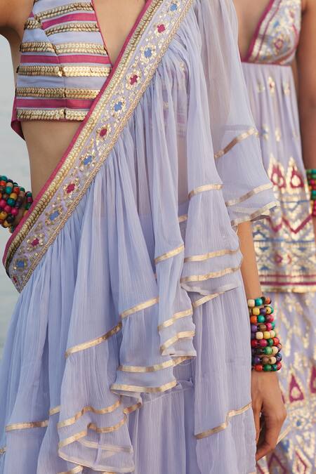 Shop_Gopi Vaid_Purple Georgette And Chiffon Stripes & Idris Pre-draped Ruffle Saree With Blouse_Online_at_Aza_Fashions