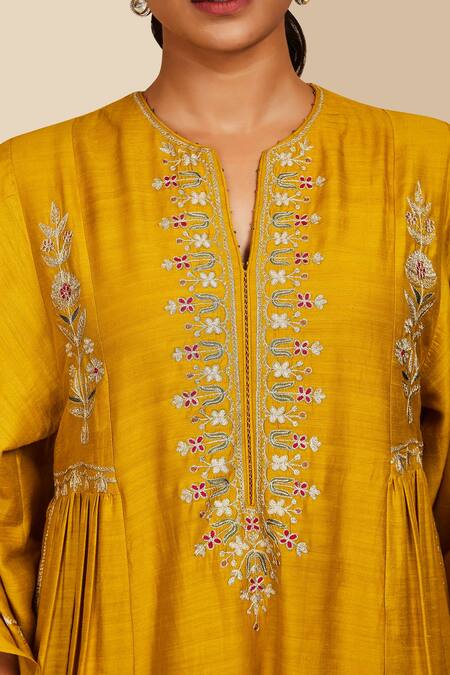Buy_Sue Mue_Yellow Round Neck Floral Aari Embroidered Kaftan Set _Online_at_Aza_Fashions