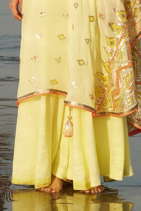 Gopi Vaid_Yellow Georgette And Cotton Silk Ikat & Sequin One Mariya Tunic & Pant Set_Online_at_Aza_Fashions