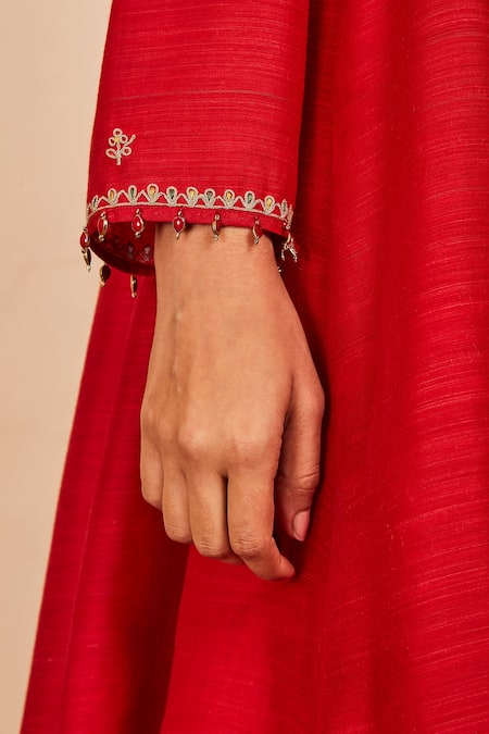 Buy Sue Mue Red Tussar, Georgette Embroidery, Zari, Diamonds Neckline Anarkali And Salwar Set Online at Aza Fashions Buy_Sue Mue_Red Tussar, Georgette Embroidery, Zari, Diamonds Neckline Anarkali And Salwar Set _Online_at_Aza_Fashions