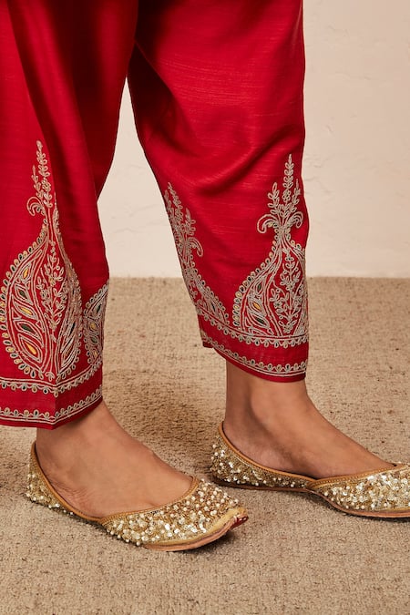 Shop Sue Mue Red Tussar, Georgette Embroidery, Zari, Diamonds Neckline Anarkali And Salwar Set Online at Aza Fashions Shop_Sue Mue_Red Tussar, Georgette Embroidery, Zari, Diamonds Neckline Anarkali And Salwar Set _Online_at_Aza_Fashions