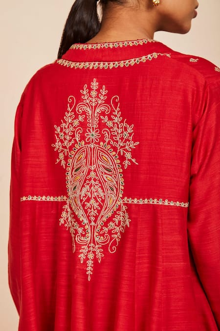 Sue Mue Red Tussar, Georgette Embroidery, Zari, Diamonds Neckline Anarkali And Salwar Set at Aza Fashions Sue Mue_Red Tussar, Georgette Embroidery, Zari, Diamonds Neckline Anarkali And Salwar Set _at_Aza_Fashions